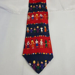 Save The Children Mens Tie Children Holding Hands Necktie Red & Blue Colorful